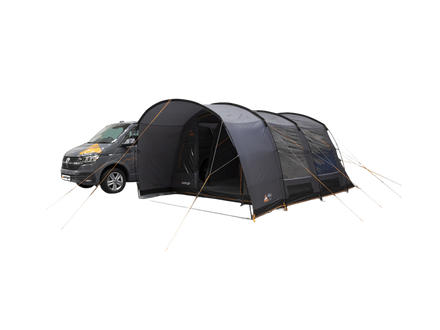 A Dark grey poled awning with a front poarch area, attached to a grey camper van, shown on a white background