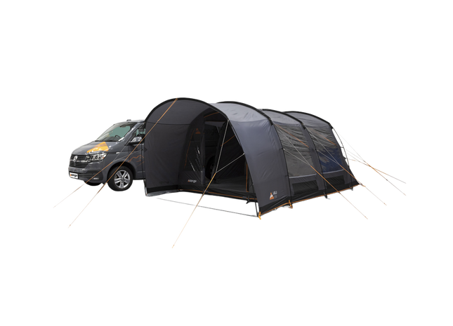 A Dark grey poled awning with a front poarch area, attached to a grey camper van, shown on a white background