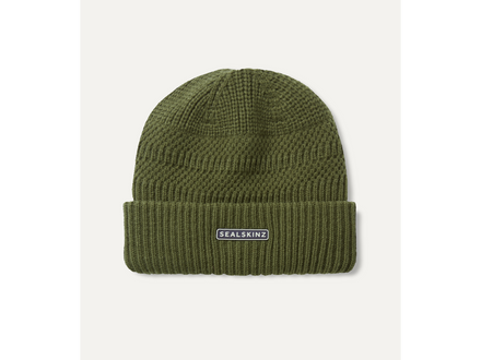 Green beanie with a brand logo on a white background