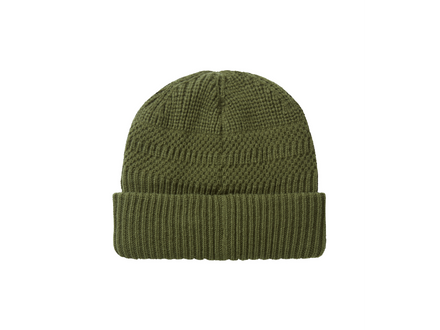 Green knit beanie on a white background