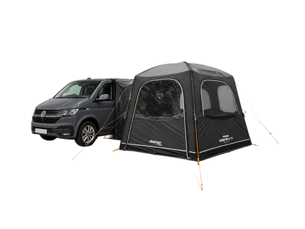 A Grey Vango air awning attached to the side of a campervan, shown on a white background