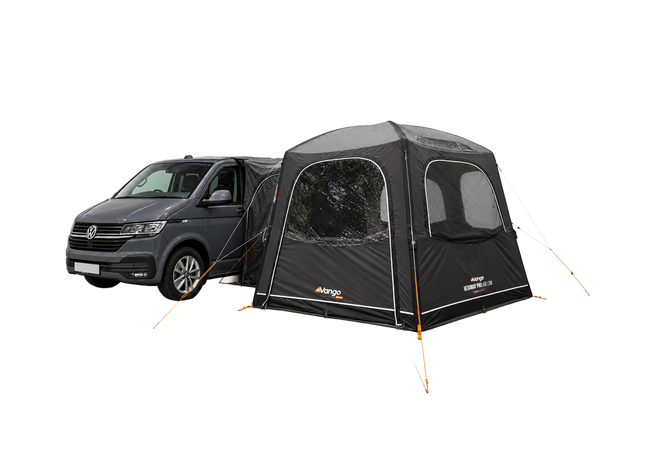 A Grey Vango air awning attached to the side of a campervan, shown on a white background