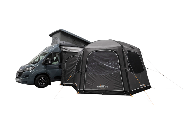 A Grey Vango air awning attached to the side of a campervan, shown on a white background