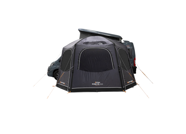 A Grey Vango air awning attached to the side of a campervan, shown on a white background