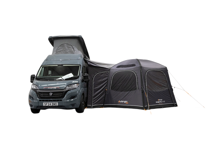 A Grey Vango air awning attached to the side of a campervan, shown on a white background