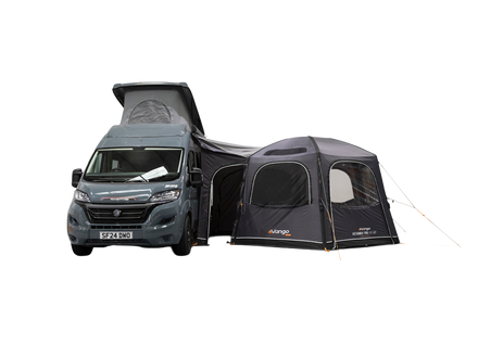 A Grey Vango air awning attached to the side of a campervan, shown on a white background