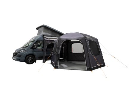 A Grey Vango air awning attached to the side of a campervan, shown on a white background