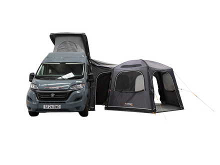 A Grey Vango air awning attached to the side of a campervan, shown on a white background