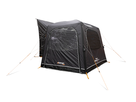 A black VANGO brand Awning with clear window panels and orange guy lines, shown on a plain white background.