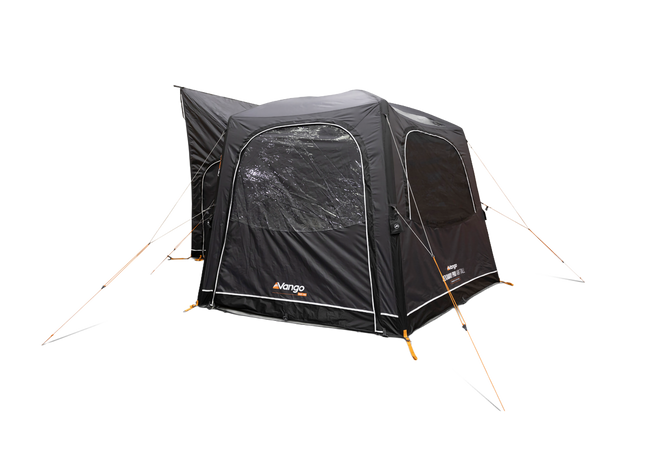 A black VANGO brand Awning with clear window panels and orange guy lines, shown on a plain white background.