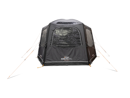 A black and gray outdoor Awning with mesh windows and orange guy lines, shown on a plain white background.