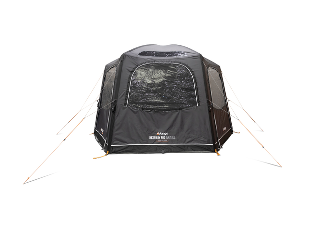 A black and gray outdoor Awning with mesh windows and orange guy lines, shown on a plain white background.