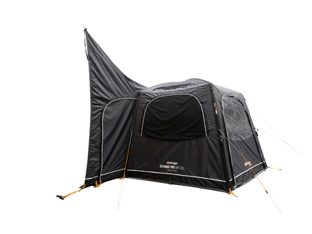 A black vehicle awning with a high side wall and mesh windows, shown on a plain white background. The tent features white trim and visible tenting poles with orange tips.