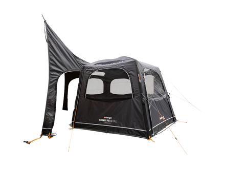 A black Awningt with mesh windows, shown on a plain white background. The tent features the brand name 'Vango' printed on the lower front panel.