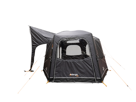 A black Vango attached side awning and a large front window, shown on a plain white background.
