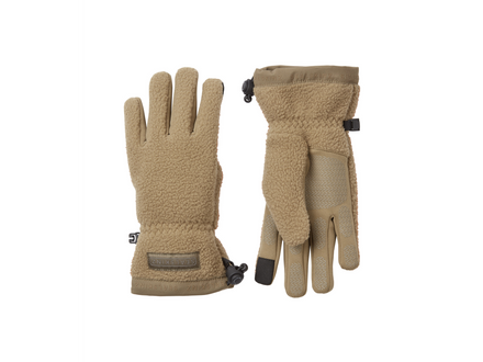 Pair of tan gloves on a white background