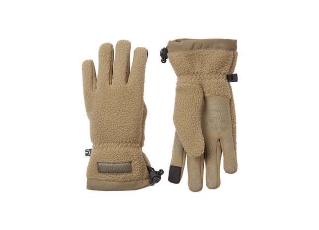 Pair of tan gloves on a white background