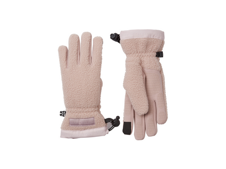 Pair of beige gloves with black accents on a white background