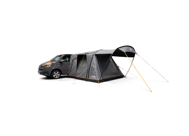 Van with a large gray awning attached on a white background