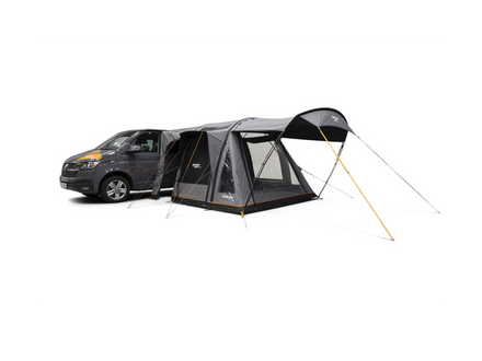Van with a black and gray inflatable awning attached on a white background