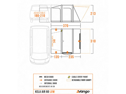 Technical drawing of a Vango Kela Air 60 Low tent with measurements and features.