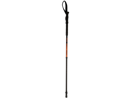 Black walking stick with an orange handle on a white background