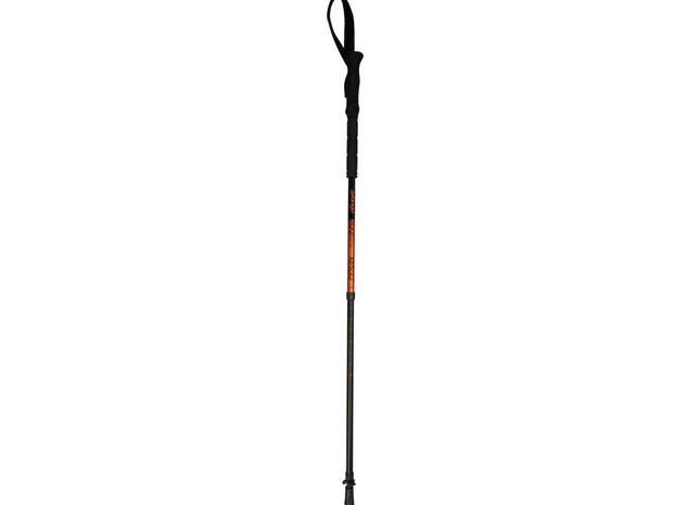 Black walking stick with an orange handle on a white background