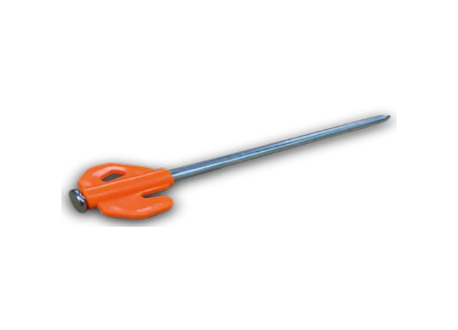 An orange plastic topped tent peg, shown on a plain white background with a soft drop shadow.