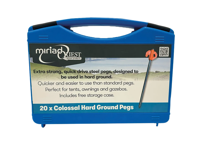 A blue hard plastic carrying case for Miriad Quest Colossal Hard Ground Pegs, shown on a plain white background. The front label features the Miriad Quest brand logo and text detailing the 20-count of steel pegs.