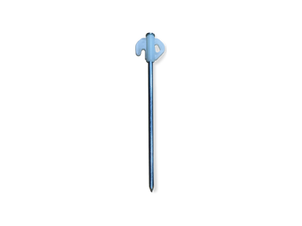 A single metal tent peg with a decorative light blue top and a silver-toned shaft, centered on a plain white background.