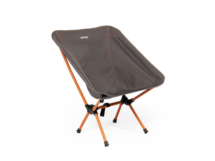Portable camping chair with orange legs and gray seat on a white background