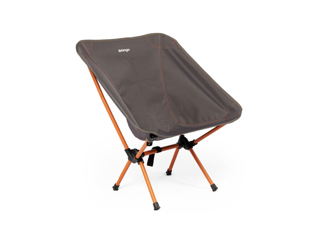 Portable camping chair with orange legs and gray seat on a white background
