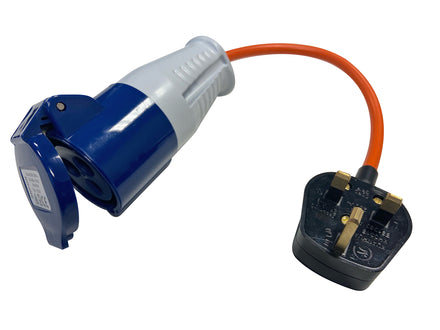 Blue and white electrical plug with orange cable on a white background