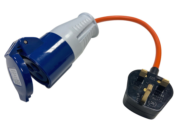 Blue and white electrical plug with orange cable on a white background