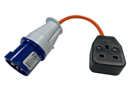 Electrical plug and socket with orange cable on a white background