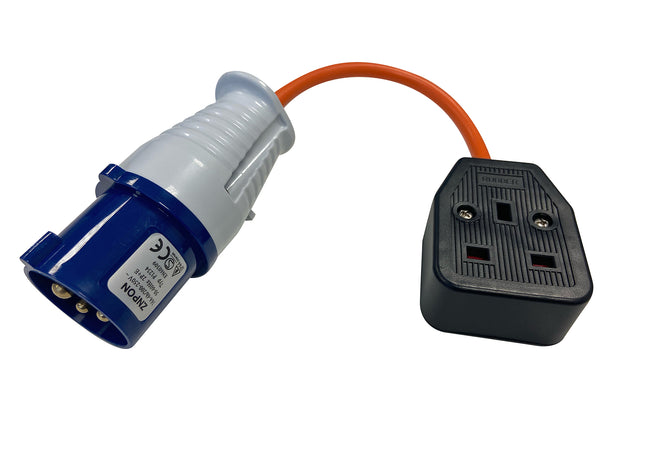 Electrical plug and socket with orange cable on a white background