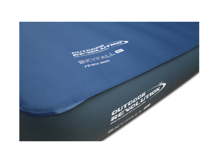 Blue inflatable mattress with 'Outdoor Revolution' branding on a white background