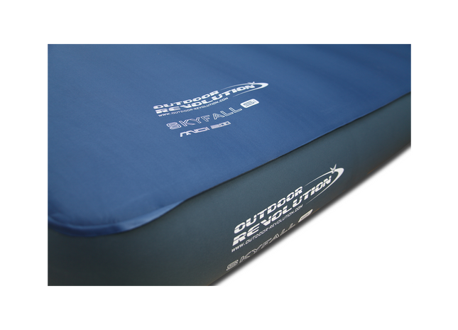 Blue inflatable mattress with 'Outdoor Revolution' branding on a white background