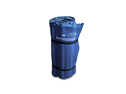 Roll of blue sleeping pad with a brand label on a white background