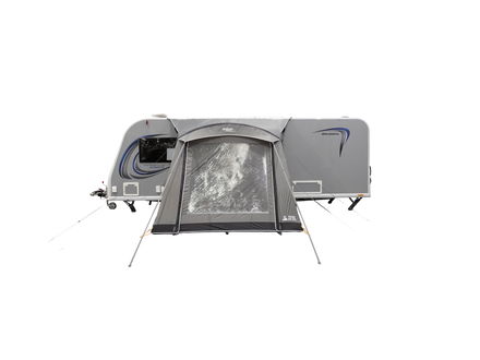 Camping trailer with an attached awning on a white background