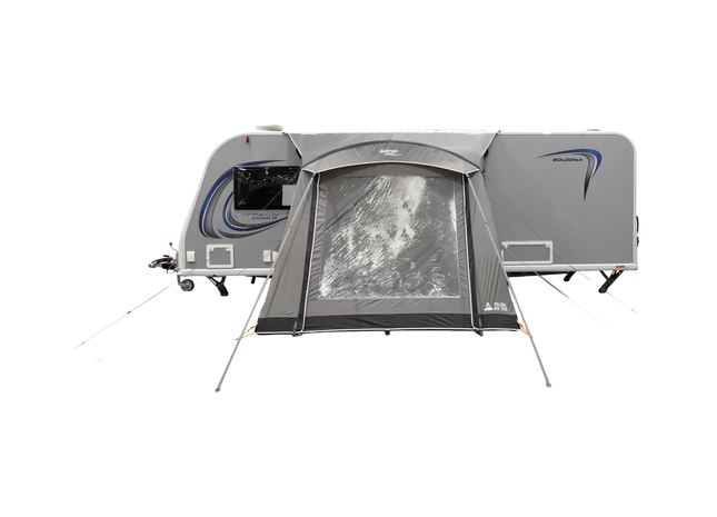 A gray caravan with an attached dark gray awning pitched in front, shown on a plain white background.