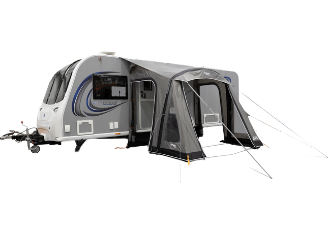 A caravan with an attached gray awning and mesh side door, shown on a plain white background.