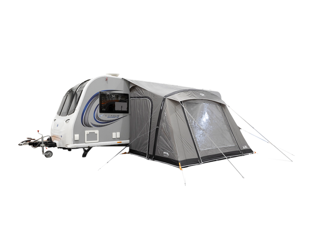 A gray and black pop-up caravan awning tent attached to the side of a white caravan, shown against a solid white background.