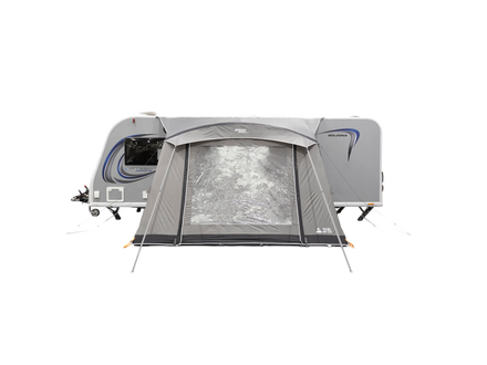 A gray and white travel trailer with an attached gray pop-up canopy tent pitched in front, shown on a plain white background.