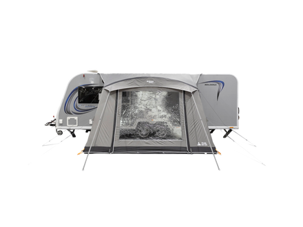 A gray pop-up caravan tent with a clear front window, attached to a white travel trailer, shown against a solid white background.