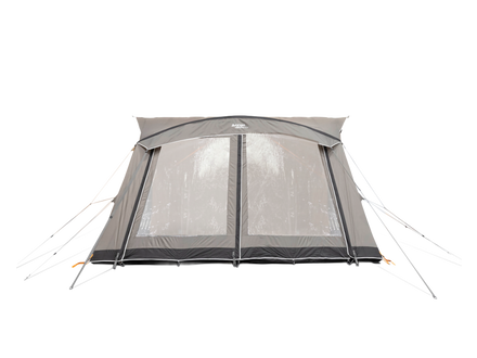 A grey Vango caravan awning  with the doors closed, seen from the front view, shown on a white background