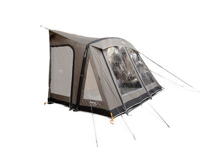 A grey Vango caravan awningwith the doors closed, shown on a white background