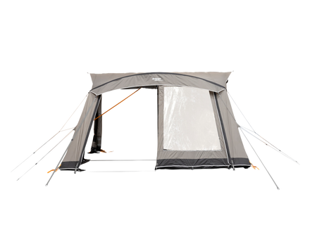 A grey Vango caravan awning o with the doors half open seen from the front side, shown on a white background