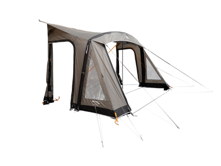 A grey Vango caravan awning  with the doors open, shown on a white background
