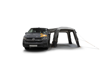Black SUV with an awning attached on a white background